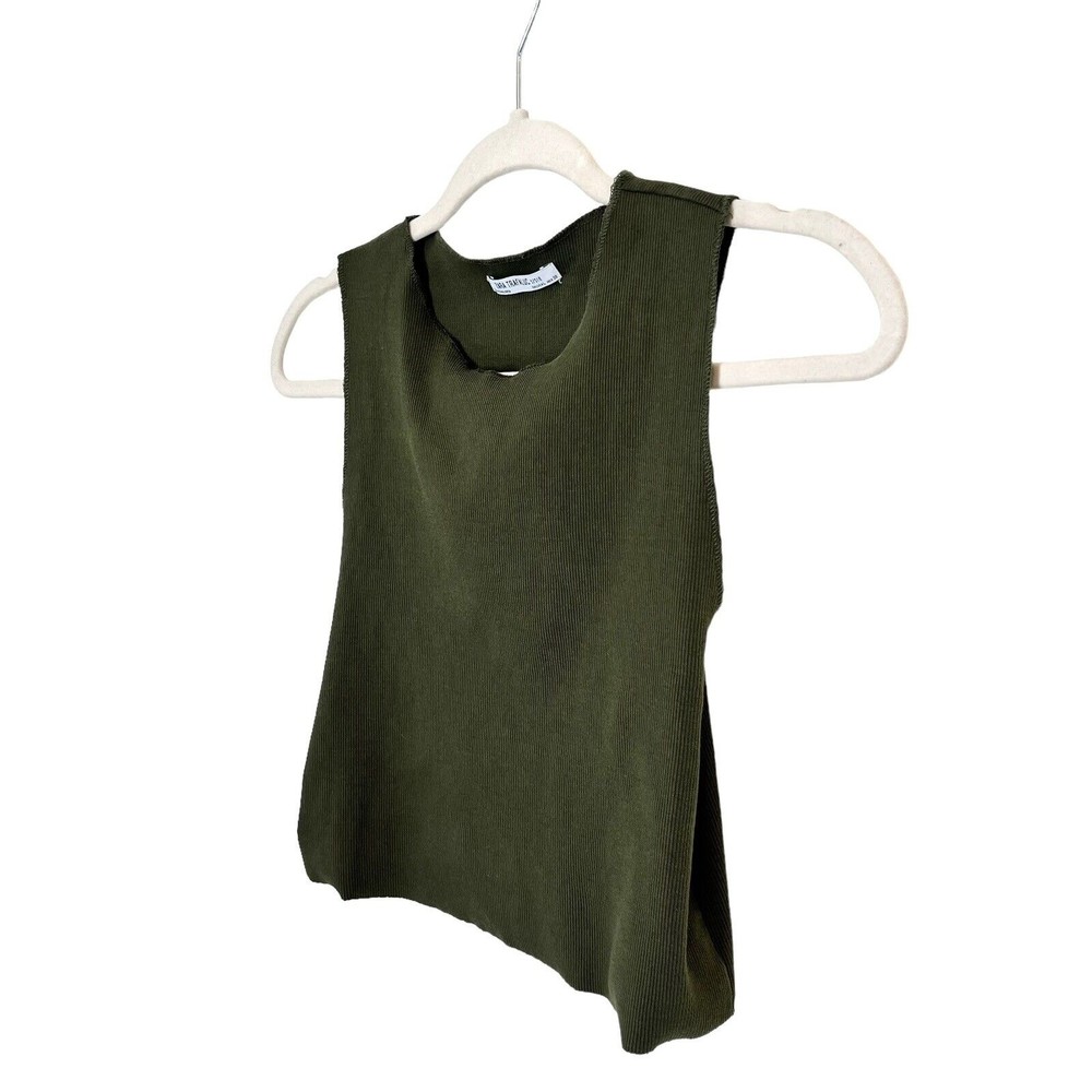 Zara Trafaluc Woman's Sz S Olive Green Cropped Distressed Ribbed Knit Tank Top